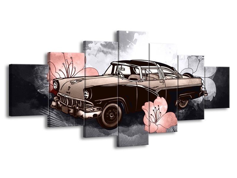 Canvas Schilderij Oldtimer, Auto | Grijs, Bruin, Roze | 210x100cm 7Luik