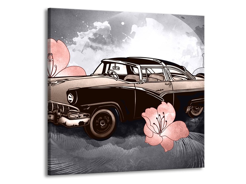 Glasschilderij Oldtimer, Auto | Grijs, Bruin, Roze | 50x50cm 1Luik