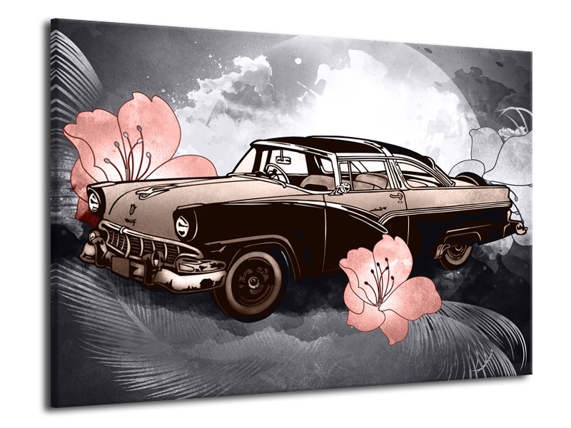 Glasschilderij Oldtimer, Auto | Grijs, Bruin, Roze | 70x50cm 1Luik