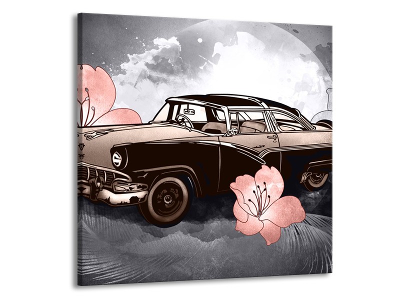 Glasschilderij Oldtimer, Auto | Grijs, Bruin, Roze | 70x70cm 1Luik