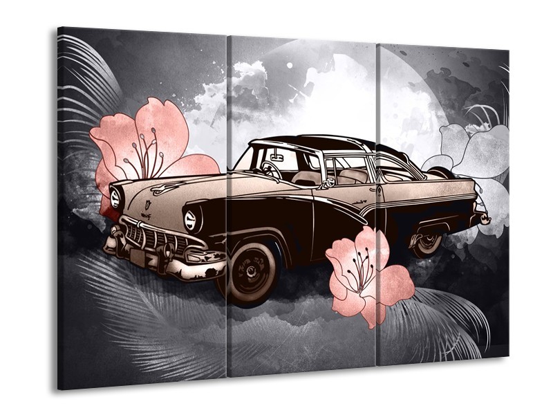 Glasschilderij Oldtimer, Auto | Grijs, Bruin, Roze | 60x90cm 3Luik