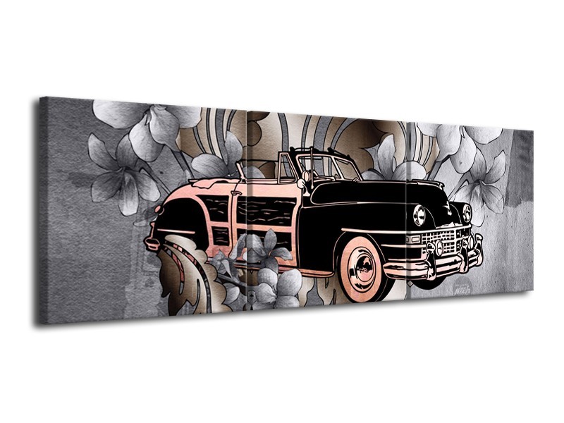 Glasschilderij Oldtimer, Auto | Grijs, Zwart | 120x40cm 3Luik