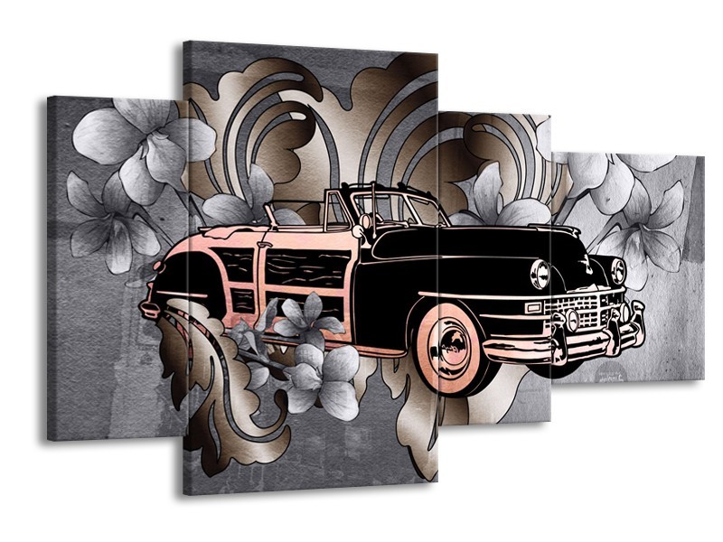 Canvas Schilderij Oldtimer, Auto | Grijs, Zwart | 120x75cm 4Luik