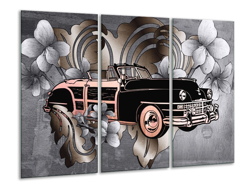 Canvas Schilderij Oldtimer, Auto | Grijs, Zwart | 120x80cm 3Luik