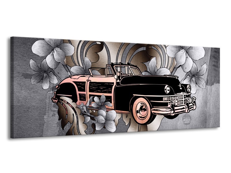 Canvas Schilderij Oldtimer, Auto | Grijs, Zwart | 145x58cm 1Luik