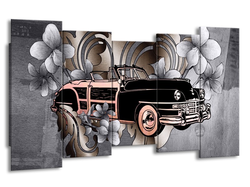 Glasschilderij Oldtimer, Auto | Grijs, Zwart | 150x80cm 5Luik