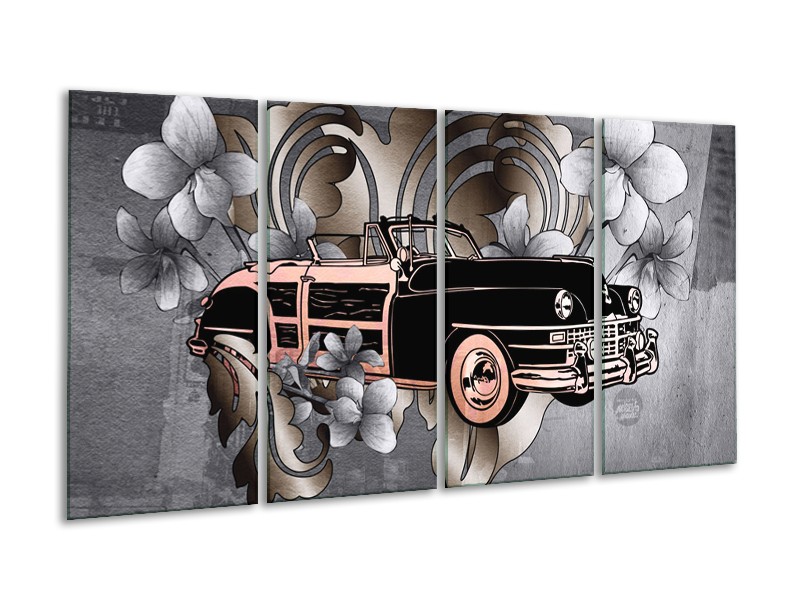 Canvas Schilderij Oldtimer, Auto | Grijs, Zwart | 160x80cm 4Luik