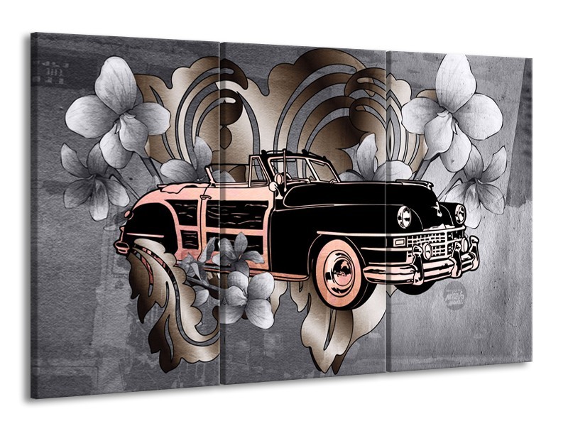 Canvas Schilderij Oldtimer, Auto | Grijs, Zwart | 165x100cm 3Luik