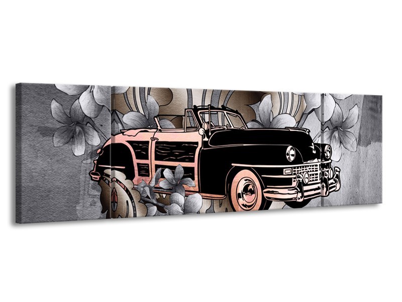 Canvas Schilderij Oldtimer, Auto | Grijs, Zwart | 170x50cm 3Luik