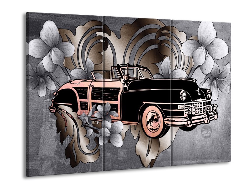 Glasschilderij Oldtimer, Auto | Grijs, Zwart | 60x90cm 3Luik