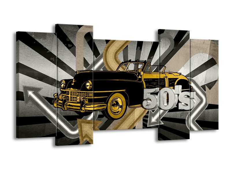 Canvas Schilderij Oldtimer, Auto | Grijs, Geel | 120x65cm 5Luik