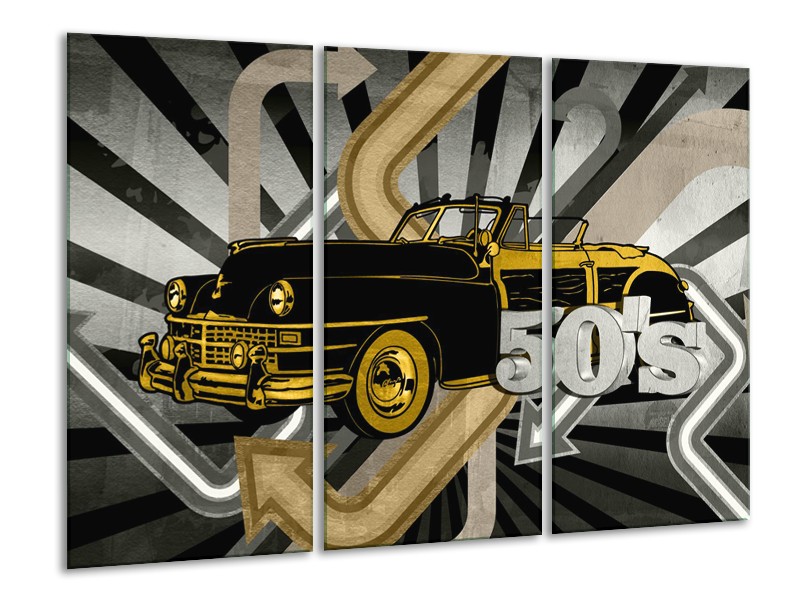 Canvas Schilderij Oldtimer, Auto | Grijs, Geel | 120x80cm 3Luik