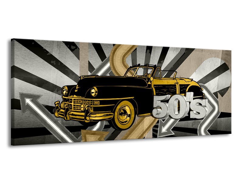 Canvas Schilderij Oldtimer, Auto | Grijs, Geel | 145x58cm 1Luik