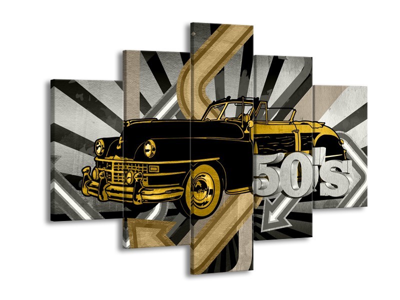 Canvas Schilderij Oldtimer, Auto | Grijs, Geel | 150x105cm 5Luik