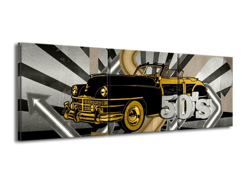 Glasschilderij Oldtimer, Auto | Grijs, Geel | 150x50cm 3Luik