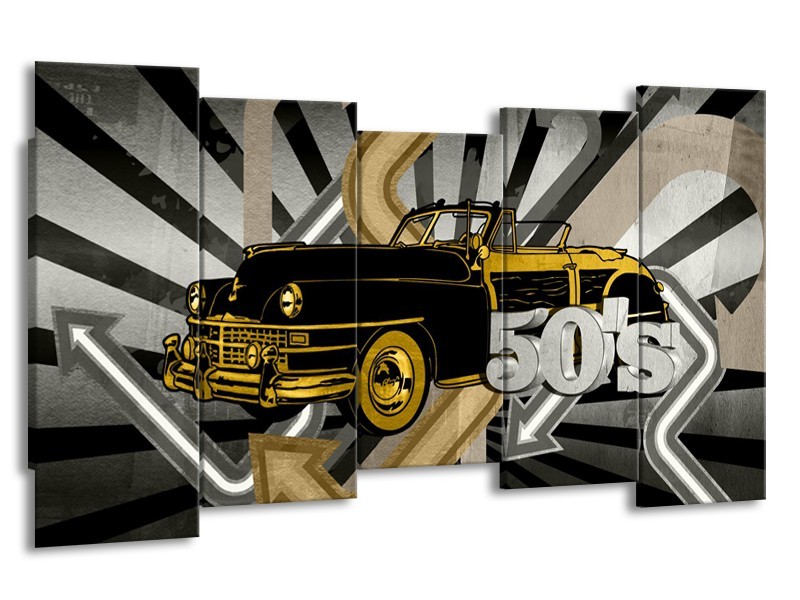 Canvas Schilderij Oldtimer, Auto | Grijs, Geel | 150x80cm 5Luik