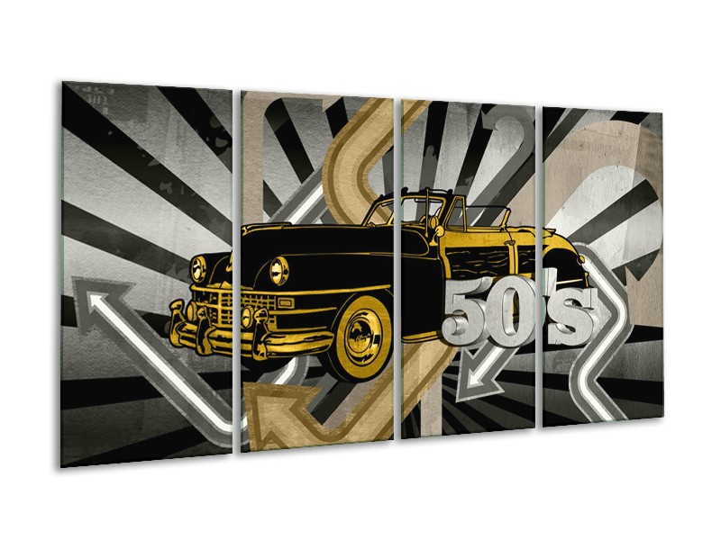 Canvas Schilderij Oldtimer, Auto | Grijs, Geel | 160x80cm 4Luik