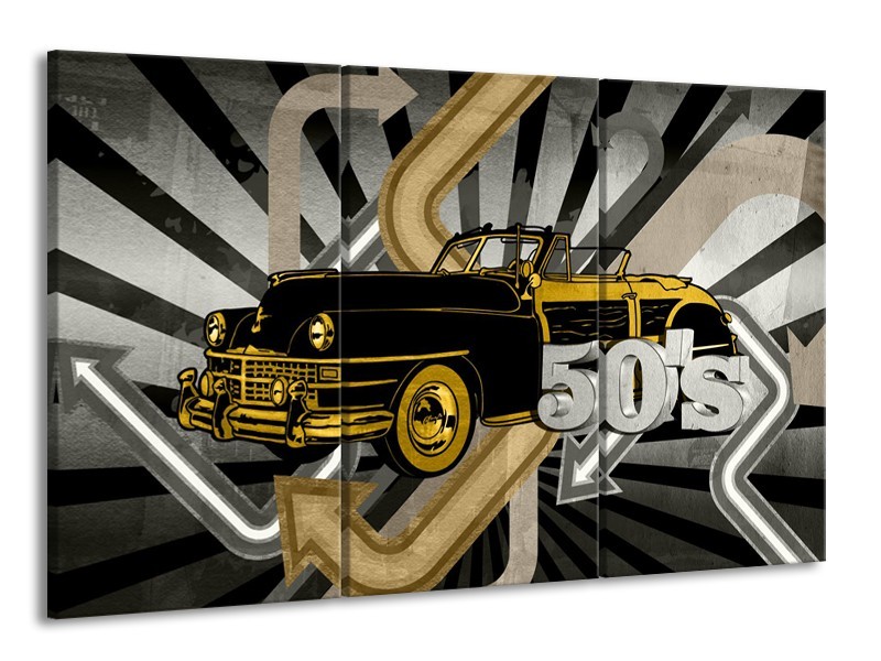 Canvas Schilderij Oldtimer, Auto | Grijs, Geel | 165x100cm 3Luik