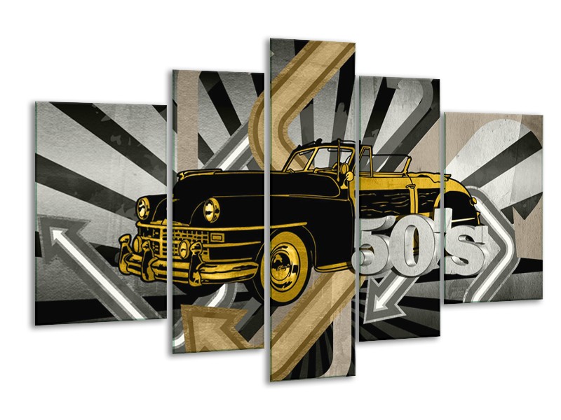 Canvas Schilderij Oldtimer, Auto | Grijs, Geel | 170x100cm 5Luik