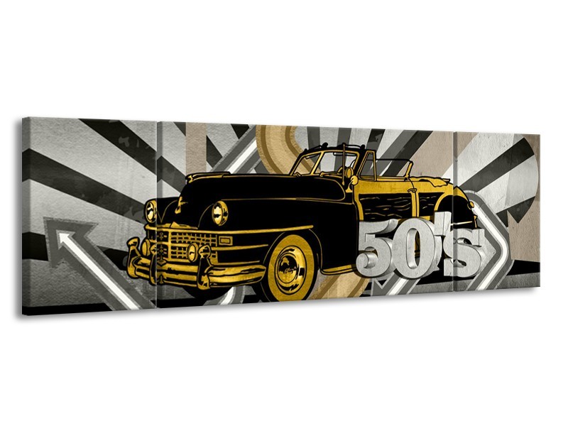 Canvas Schilderij Oldtimer, Auto | Grijs, Geel | 170x50cm 3Luik