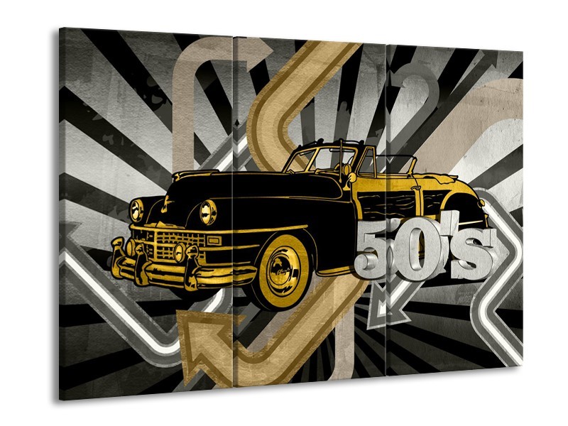 Canvas Schilderij Oldtimer, Auto | Grijs, Geel | 60x90cm 3Luik