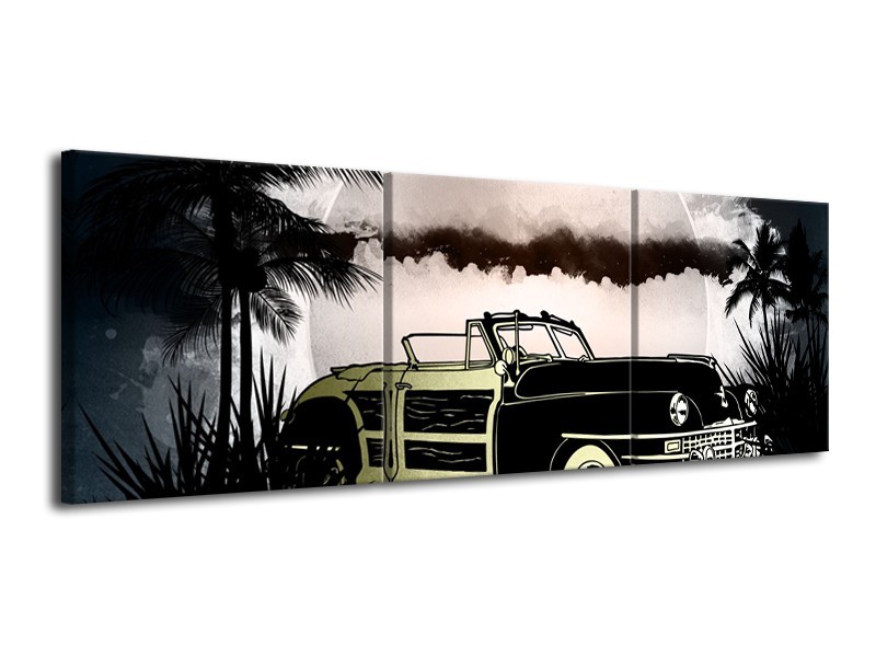 Glasschilderij Oldtimer, Auto | Grijs, Zwart | 120x40cm 3Luik