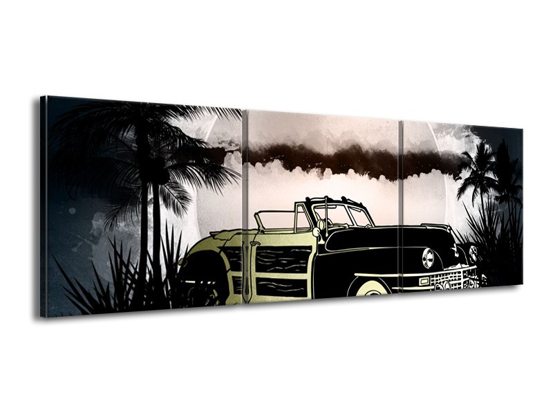 Canvas Schilderij Oldtimer, Auto | Grijs, Zwart | 150x50cm 3Luik