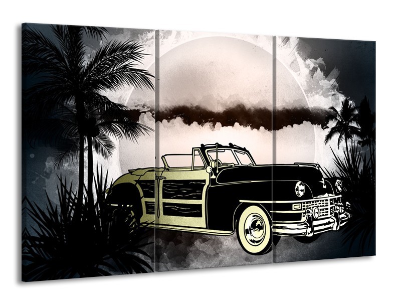 Canvas Schilderij Oldtimer, Auto | Grijs, Zwart | 165x100cm 3Luik