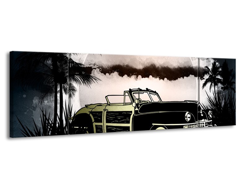 Canvas Schilderij Oldtimer, Auto | Grijs, Zwart | 170x50cm 3Luik