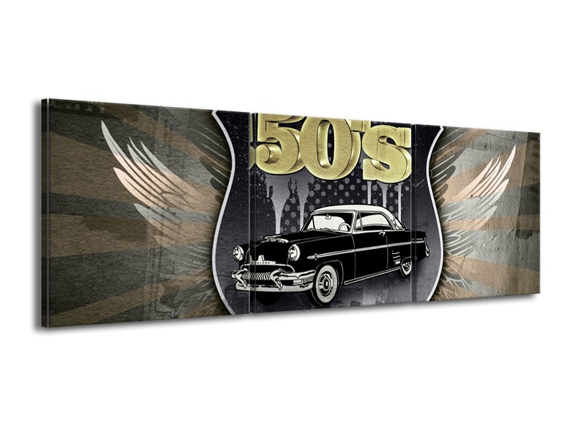 Canvas Schilderij Oldtimer, Auto | Grijs, Zwart | 150x50cm 3Luik