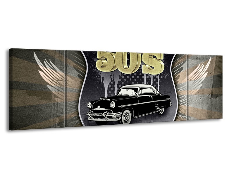 Canvas Schilderij Oldtimer, Auto | Grijs, Zwart | 170x50cm 3Luik