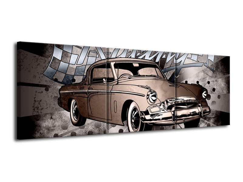 Glasschilderij Oldtimer, Auto | Grijs, Bruin | 120x40cm 3Luik