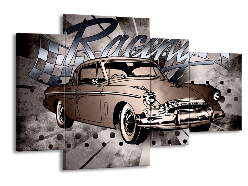 Canvas Schilderij Oldtimer, Auto | Grijs, Bruin | 120x75cm 4Luik