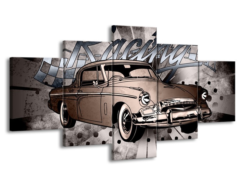 Glasschilderij Oldtimer, Auto | Grijs, Bruin | 150x80cm 5Luik