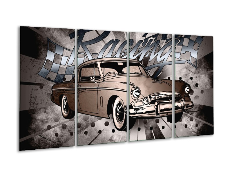 Glasschilderij Oldtimer, Auto | Grijs, Bruin | 160x80cm 4Luik