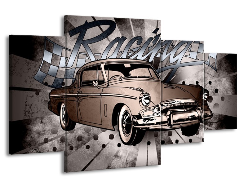 Canvas Schilderij Oldtimer, Auto | Grijs, Bruin | 160x90cm 4Luik