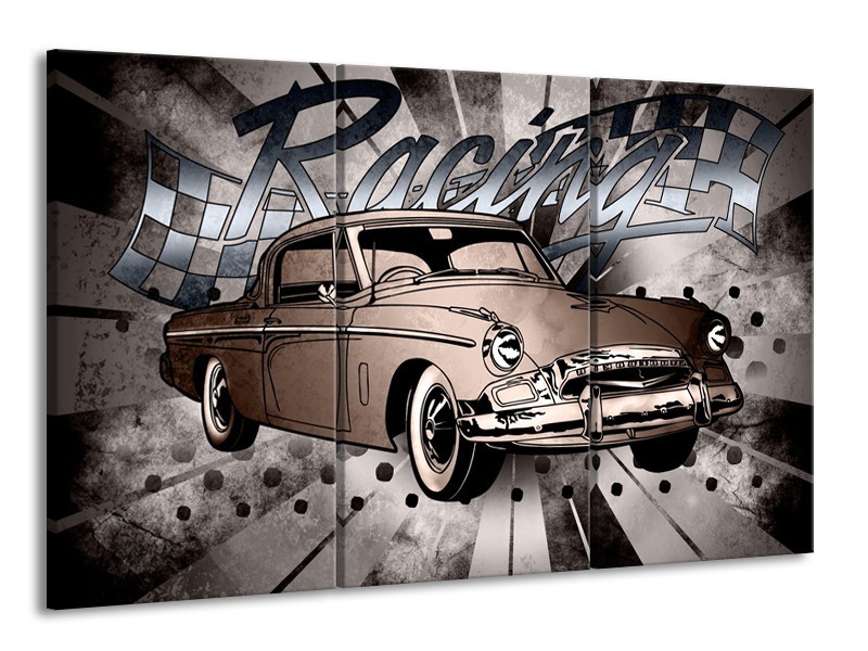 Canvas Schilderij Oldtimer, Auto | Grijs, Bruin | 165x100cm 3Luik