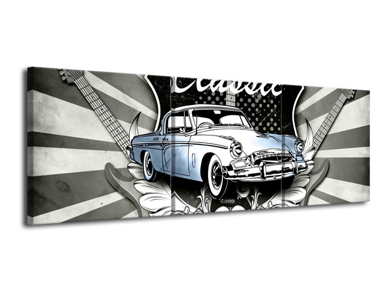 Canvas Schilderij Oldtimer, Auto | Grijs, Blauw | 120x40cm 3Luik