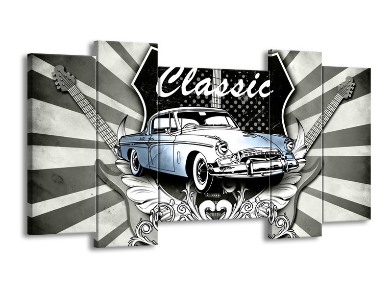 Glasschilderij Oldtimer, Auto | Grijs, Blauw | 120x65cm 5Luik