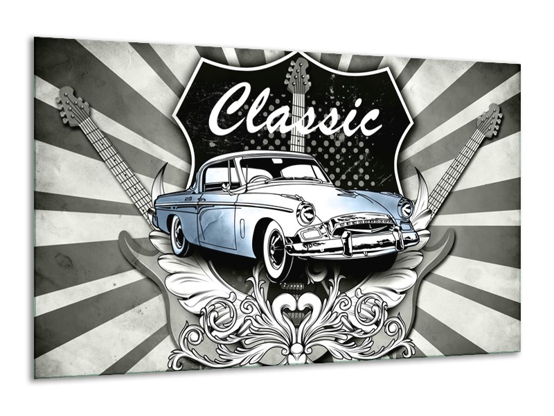 Glasschilderij Oldtimer, Auto | Grijs, Blauw | 120x70cm 1Luik