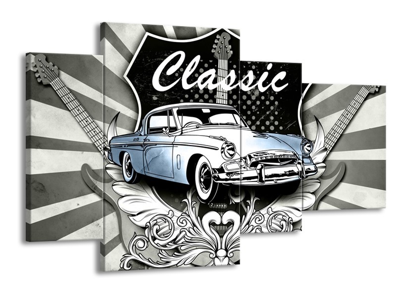 Canvas Schilderij Oldtimer, Auto | Grijs, Blauw | 120x75cm 4Luik