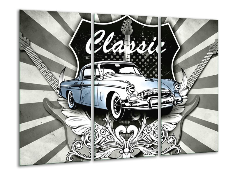 Glasschilderij Oldtimer, Auto | Grijs, Blauw | 120x80cm 3Luik