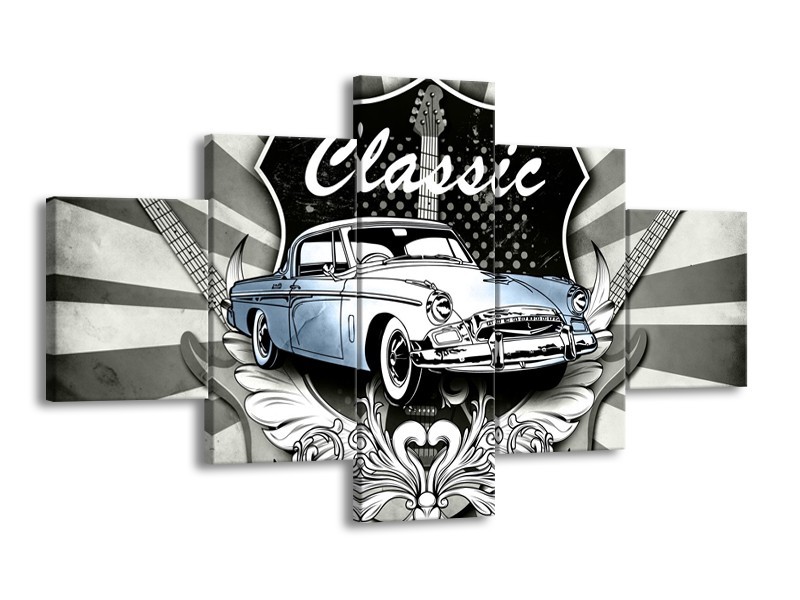 Glasschilderij Oldtimer, Auto | Grijs, Blauw | 125x70cm 5Luik