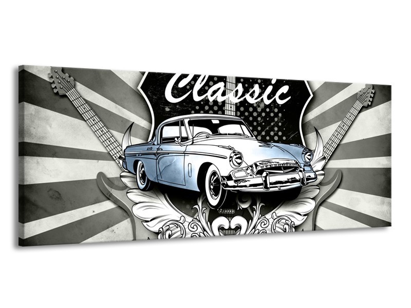 Glasschilderij Oldtimer, Auto | Grijs, Blauw | 145x58cm 1Luik