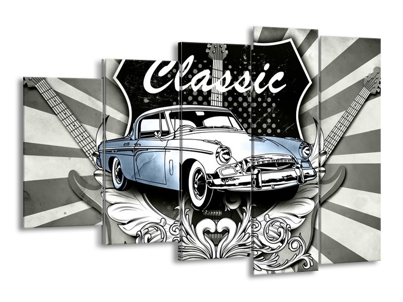 Glasschilderij Oldtimer, Auto | Grijs, Blauw | 150x100cm 5Luik