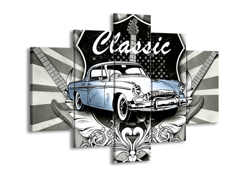 Glasschilderij Oldtimer, Auto | Grijs, Blauw | 150x105cm 5Luik