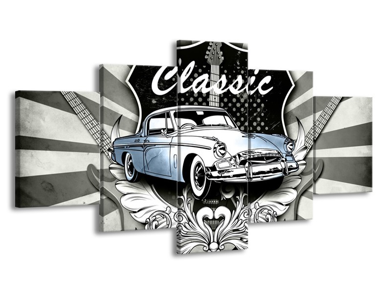 Glasschilderij Oldtimer, Auto | Grijs, Blauw | 150x80cm 5Luik