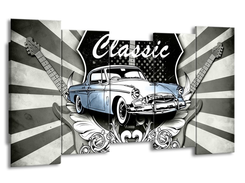 Glasschilderij Oldtimer, Auto | Grijs, Blauw | 150x80cm 5Luik