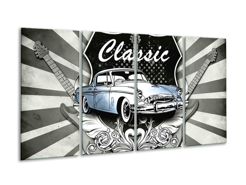 Glasschilderij Oldtimer, Auto | Grijs, Blauw | 160x80cm 4Luik