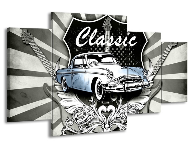 Glasschilderij Oldtimer, Auto | Grijs, Blauw | 160x90cm 4Luik